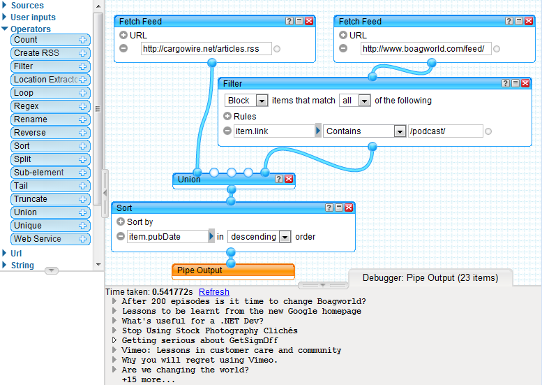 Screenshot of the Pipes editor showing Boagworld feed filtered to exlude the podcast