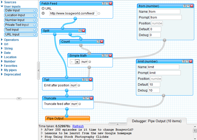 Screenshot of the Pipes editor showing Boagworld feed selecting 1st-10th item