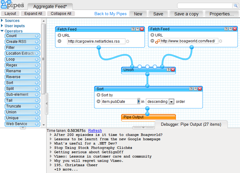 Screenshot of the Pipes editor showing Cargowire and Boagworld feeds merged together